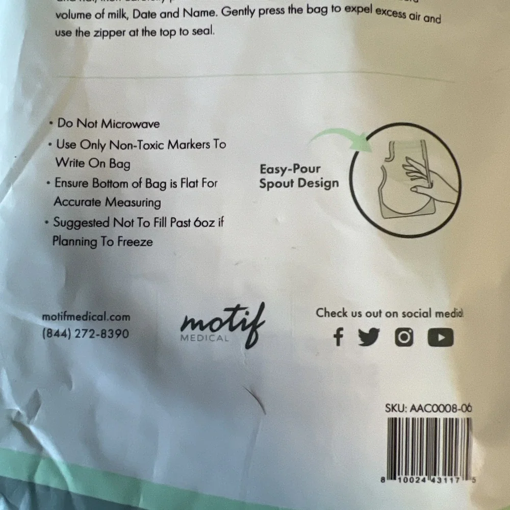Motif Medical Breast Milk Storage 8oz Bags 100 Count BPA-Free AAC0008-06